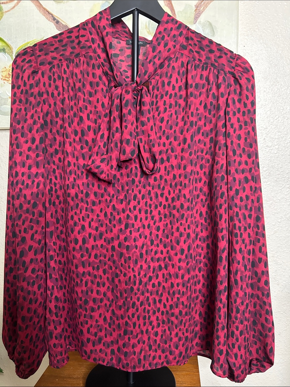 Ann Taylor Pink and Black Printed Tie-Neck Blouse